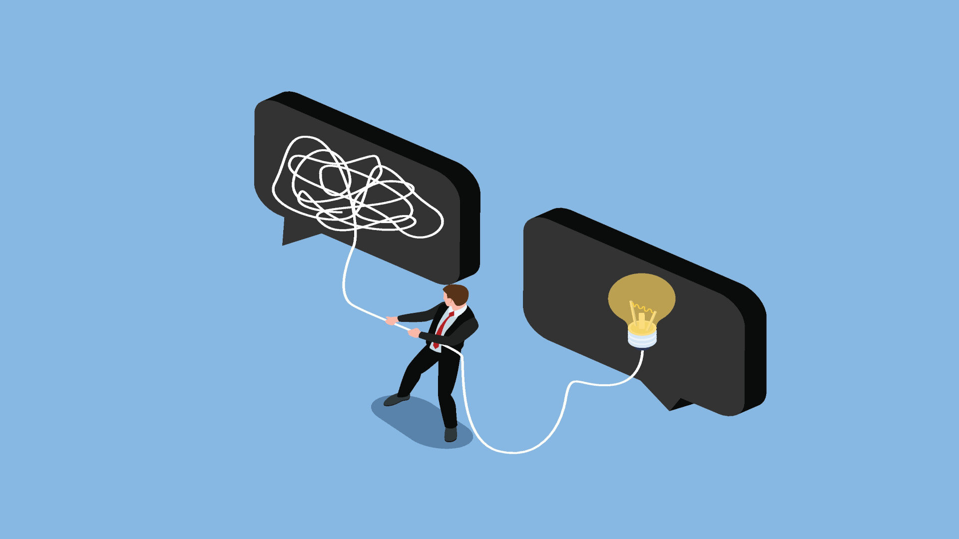 The image shows a person untangling a complicated thought in order to find a solution to a problem.