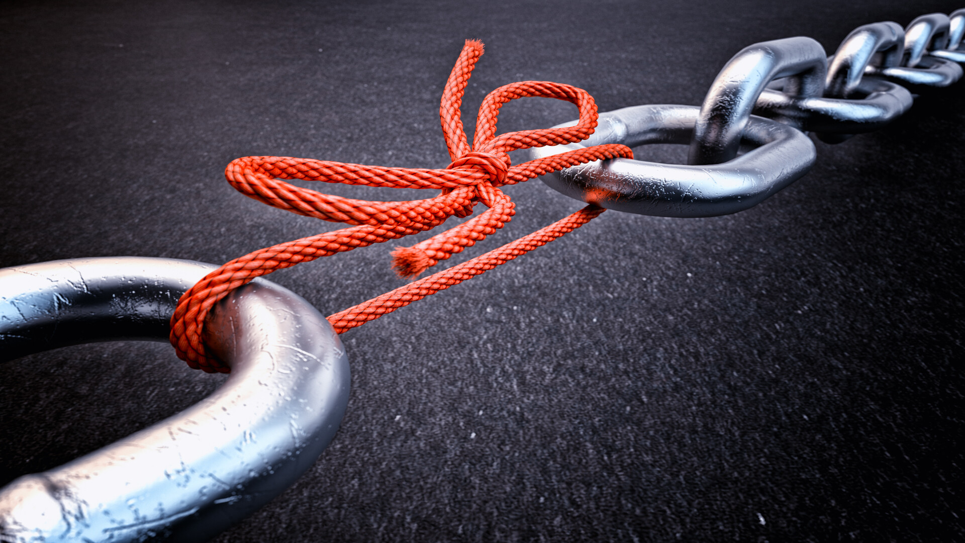 A heavy steel chain lies on a dark surface. Where a link is missing, a thin knotted orange rope ties the two ends together. A visual metaphor for a supply chain whose strength is decided by its weakest link.