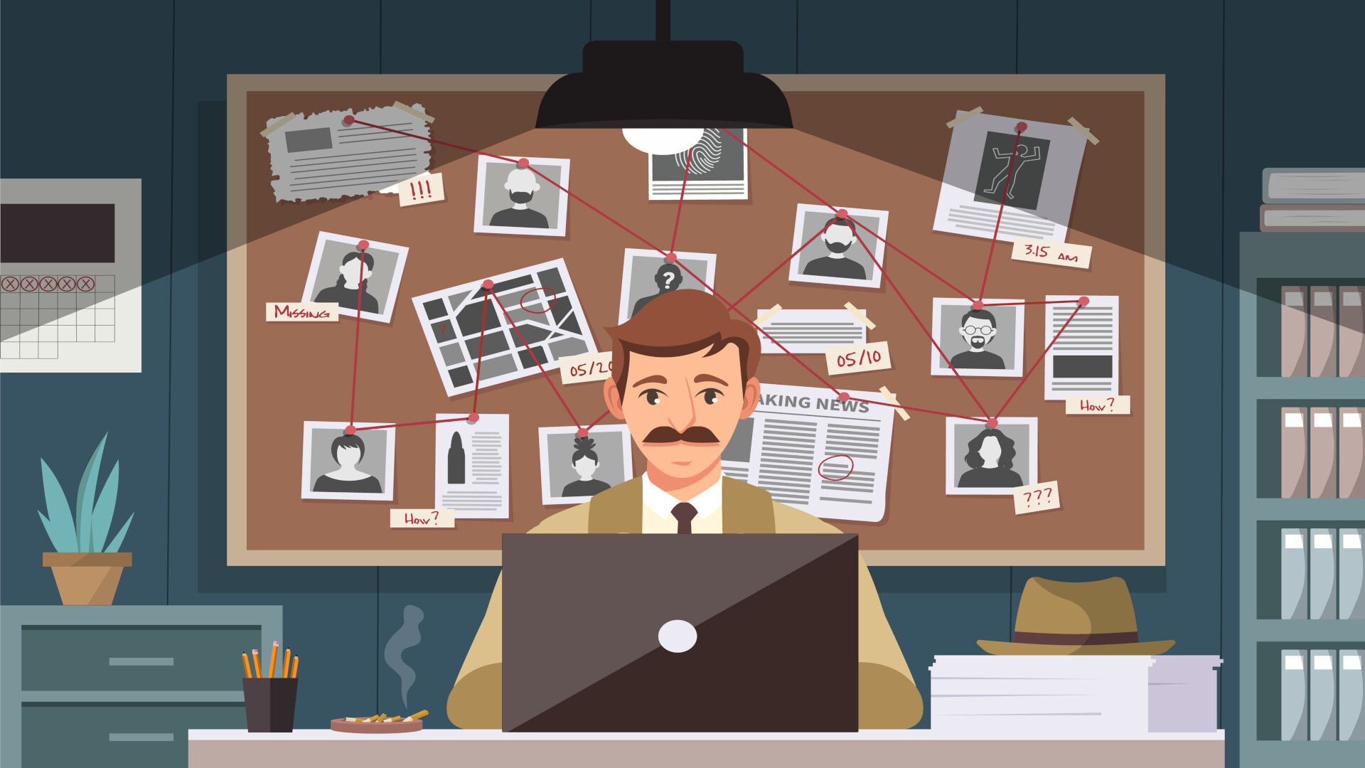 The illustration shows a programmer in a dark office in front of a laptop. Like an investigator, he searches for clues on a pinboard full of photos, notes and red threads – an emotional introduction that picks up on the familiar feeling of bug hunting. The accompanying text explains how to design software so that debugging does not have to feel like criminal investigation work.
