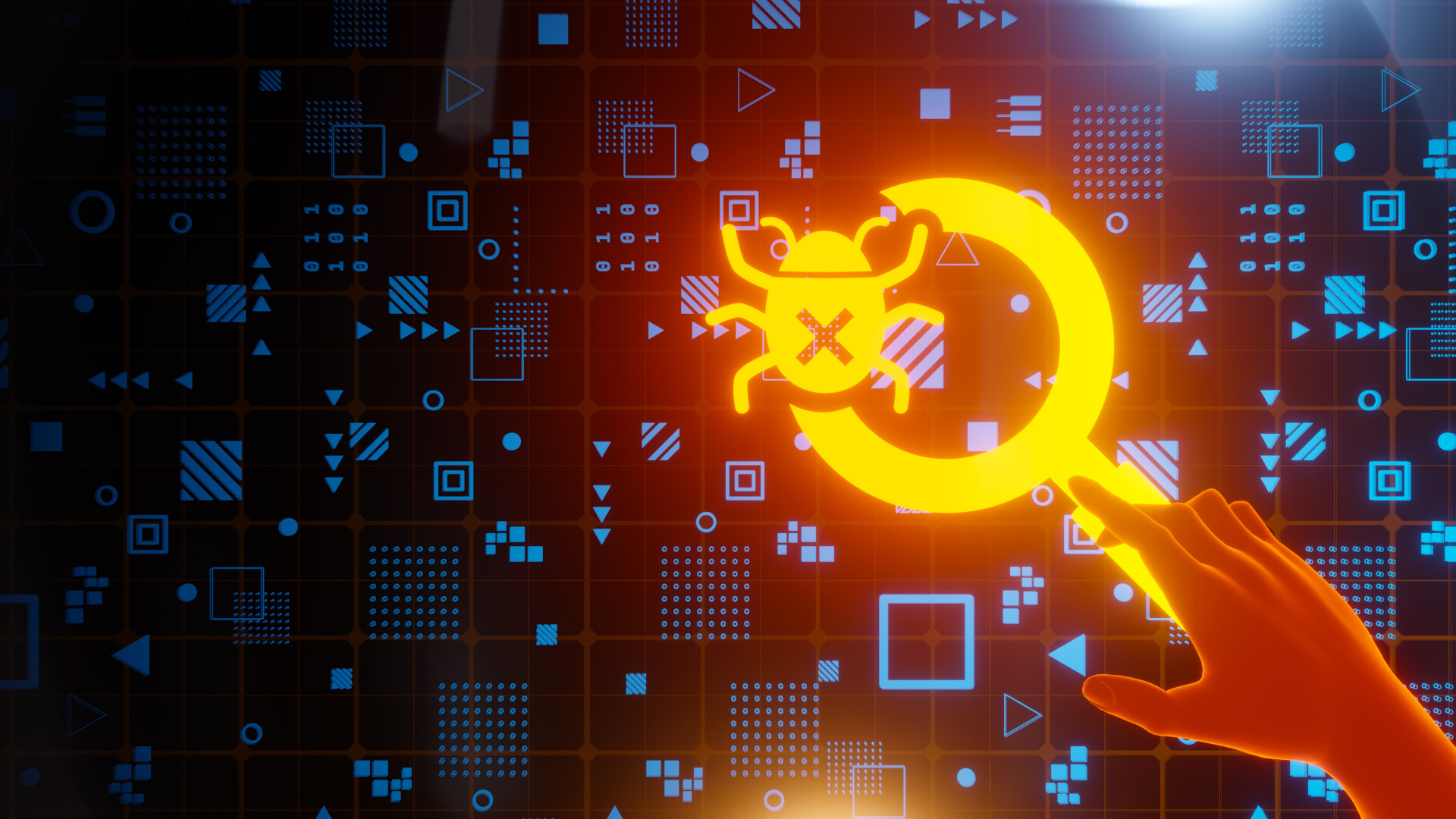 A glowing magnifying glass over a bug symbol, held by a hand, against a dark background of binary code and geometric patterns. A visual metaphor for the disciplined investigation of performance problems.