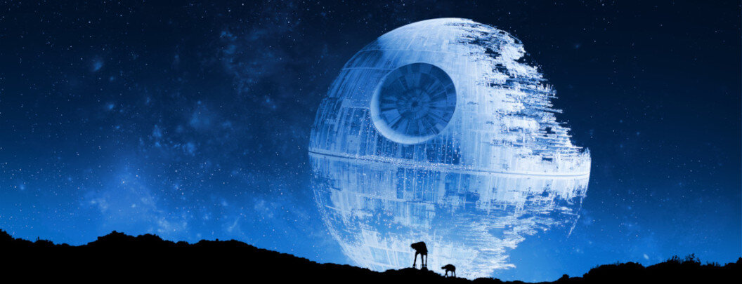The image depicts an iconic and futuristic scene strongly reminiscent of the Death Star space station from the Star Wars film series. In the foreground, two small, dark silhouettes can be seen, resembling a human with a robot dog or machine beside them. The background is a starry night sky with a large, bright, almost full moon representing the Death Star. The Death Star is partially destroyed and thus appears incomplete. The colours are predominantly shades of blue, giving the scene a cold, mystical atmosphere.