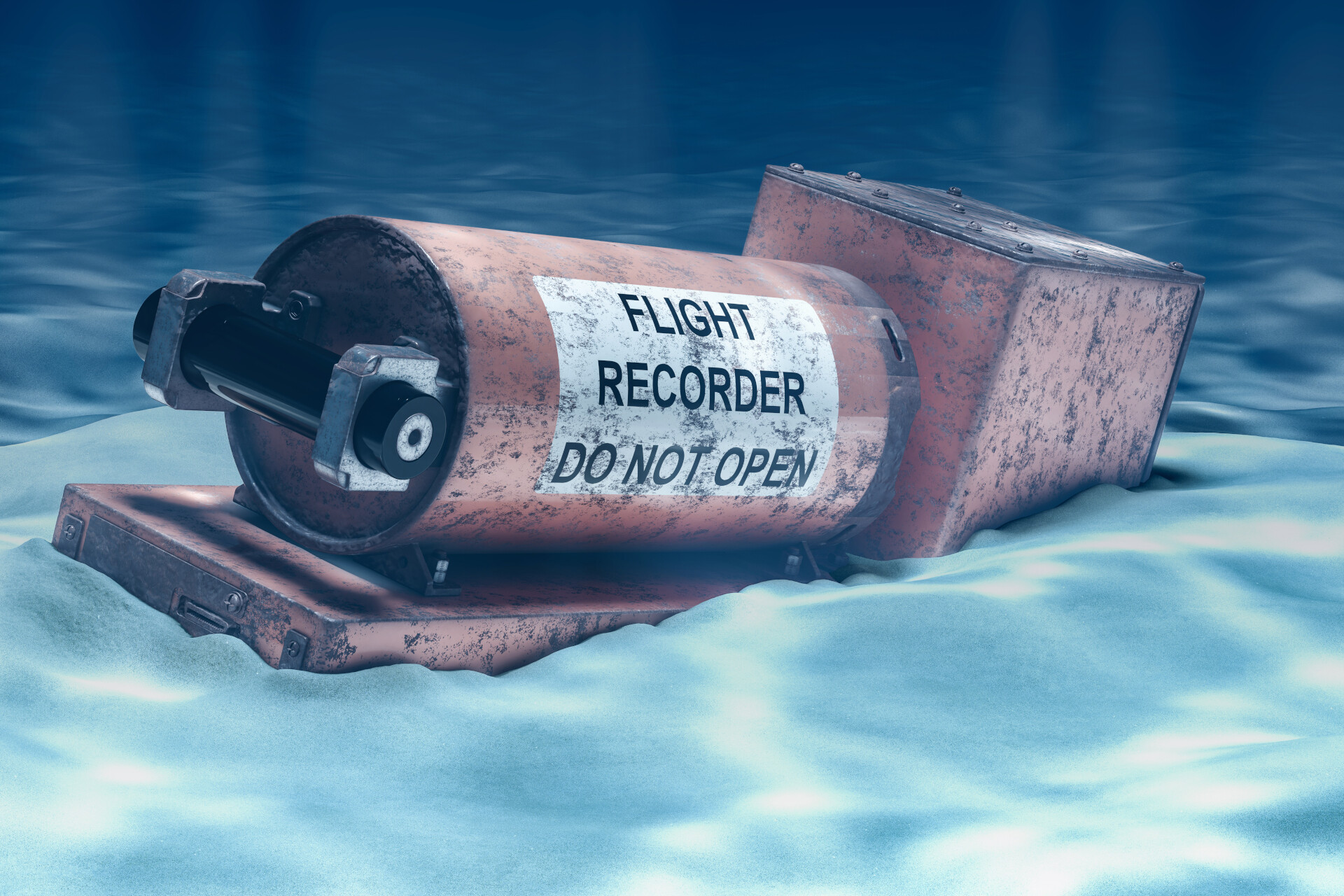 The image shows an aircraft flight recorder, commonly known as a "black box", resting on the seabed under water. The cylindrical orange device is slightly rusted and mounted on a base plate, with a rectangular attached unit behind it. A large white label on the cylinder reads "FLIGHT RECORDER DO NOT OPEN".
