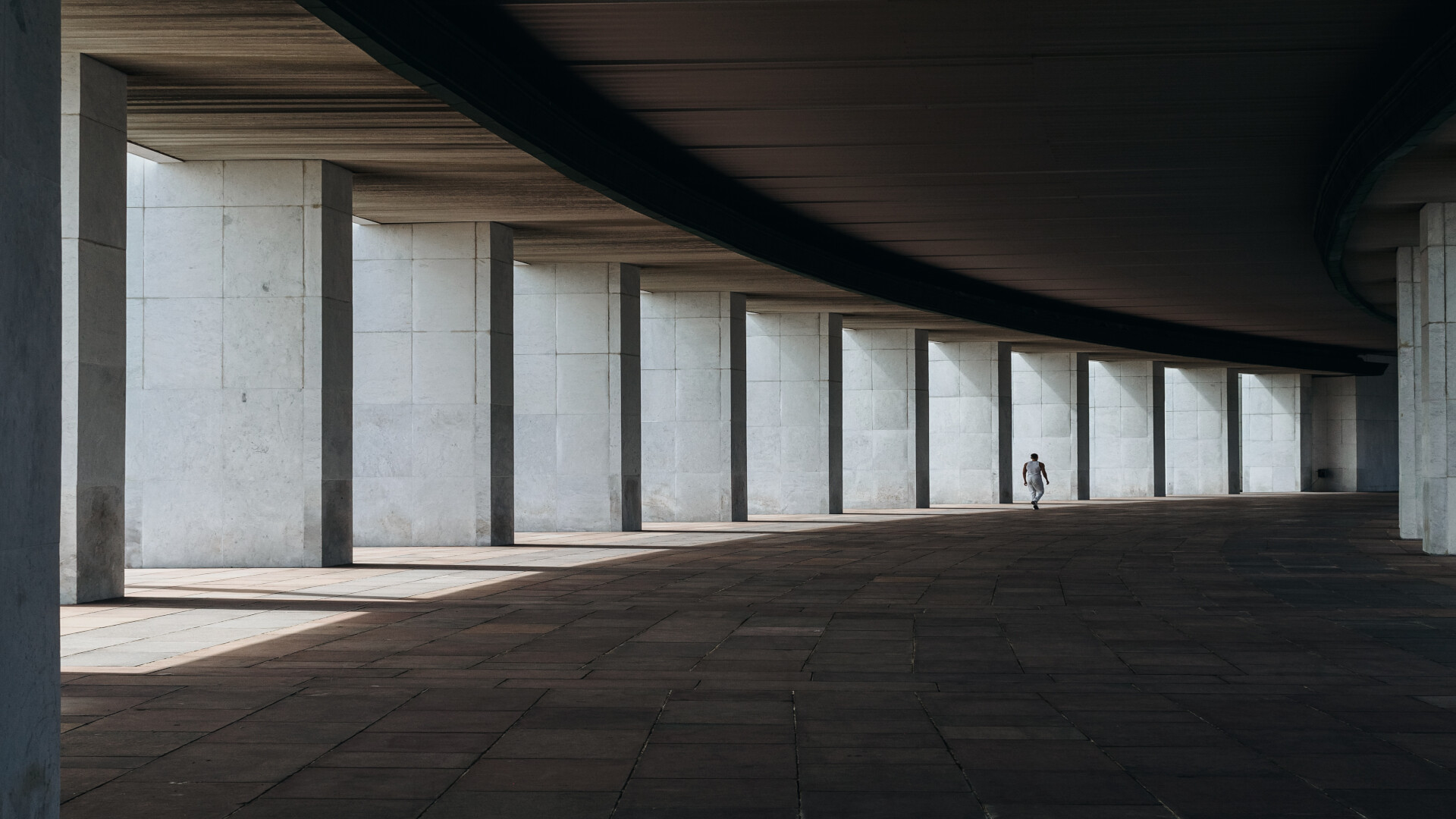 A solitary figure in a vast concrete corridor lined with massive columns. Bright light streams through tall windows, creating sharp shadows across the empty floor. The scale dwarfs the person, visually representing the weight of institutional systems that constrain individual agency.