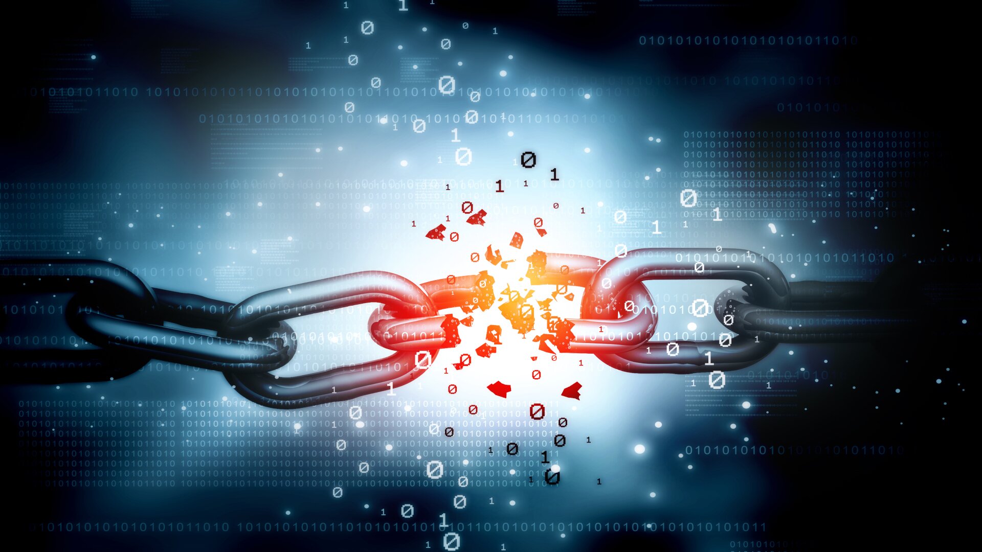 A heavy steel chain breaks at its central link in a burst of red-orange sparks, with fragments of binary digits scattering outward against a deep blue, circuit-lit background. A visual metaphor for the supply-chain security failure that workflow hardening is meant to prevent.