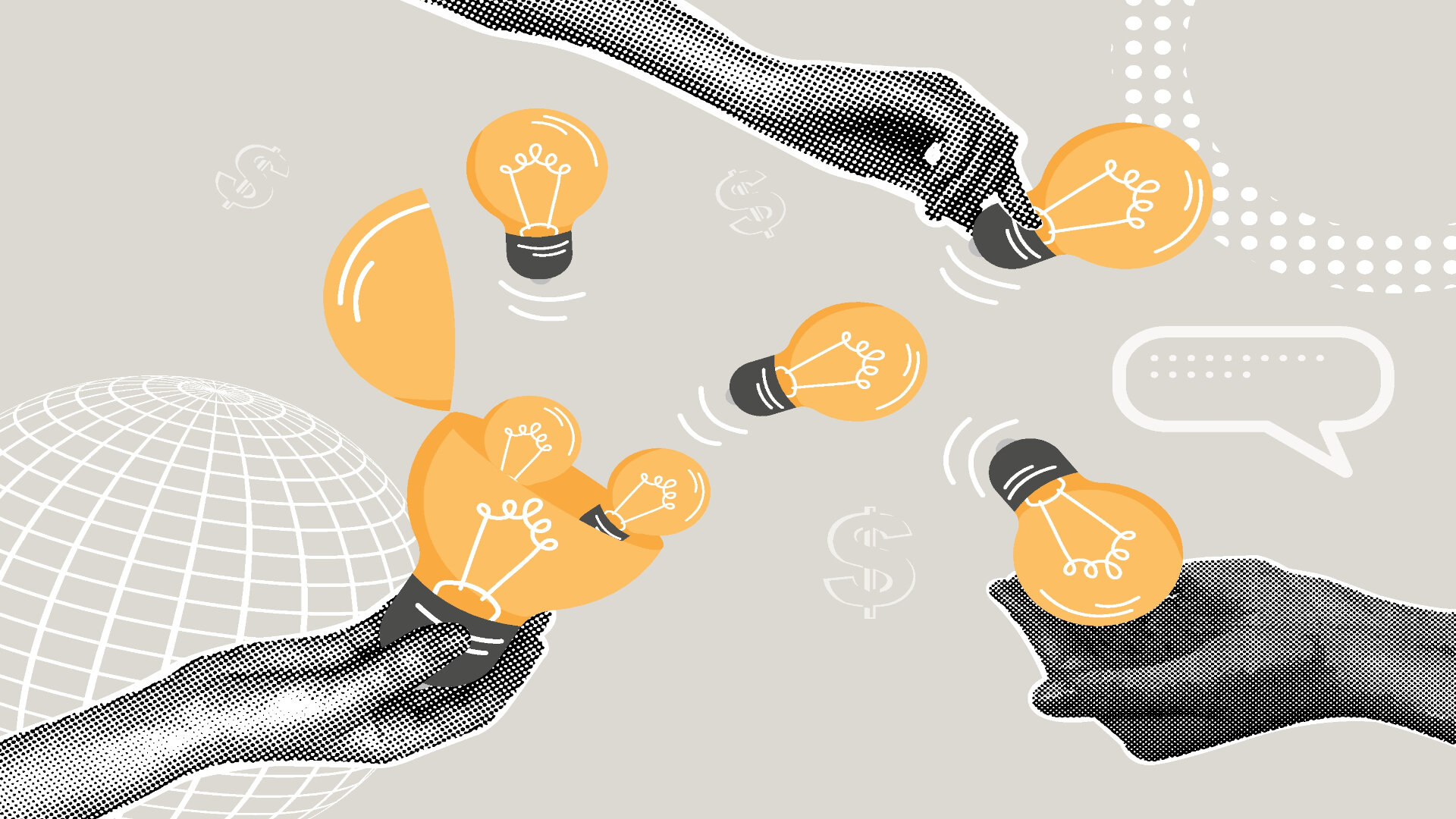 This image shows a modern graphic collage depicting stylised hands holding or passing several light bulbs. The light bulbs symbolise ideas and innovations, with their yellow colour immediately catching the eye and conveying a positive, creative impression.