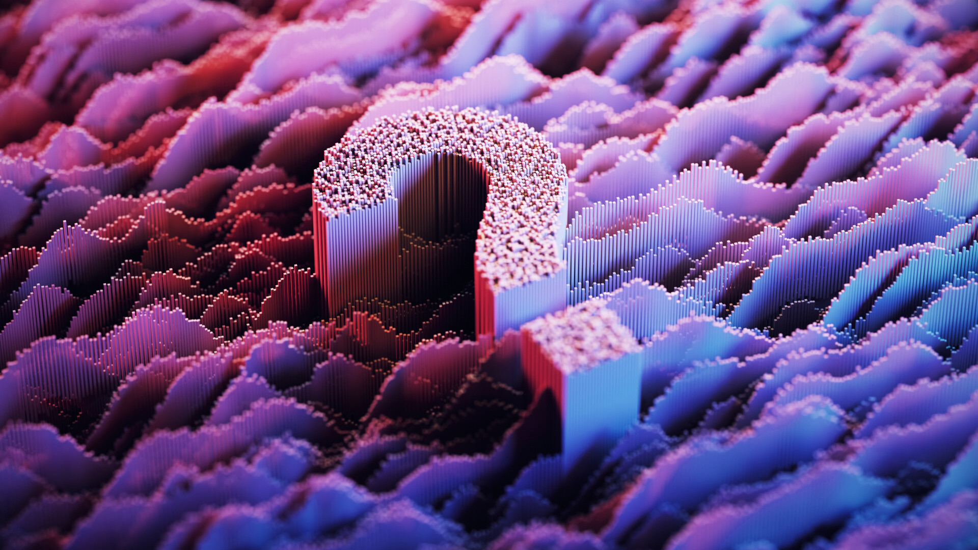 Das Bild zeigt ein abstraktes, futuristisches Design, dessen zentrales Motiv ein dominantes, leuchtendes Fragezeichen ist. Es entsteht aus einer chaotischen, wellenförmigen Landschaft aus geometrischen Pixeln und Voxel-ähnlichen Strukturen in intensiven Pink-, Violett- und Blautönen. Diese erzeugen Tiefe und Dynamik. Der chaotische Untergrund wirkt wie ein brodelndes, digitales Terrain, das Unordnung und Komplexität symbolisiert. Das Fragezeichen ragt stabil und fragend aus ihm auf – perfekt als visueller Mood für Fuzz Testing, bei dem zufälliges Chaos Sicherheit aufdeckt.