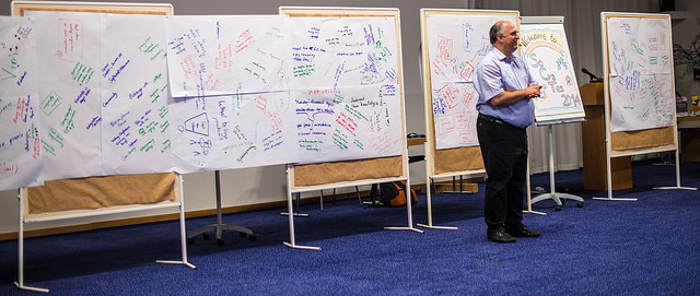 Fünf Flipcharts stehen nebeneinander in einem Konferenzraum mit blauem Teppichboden. Die Bögen sind über und über mit handschriftlichen Notizen, Stichworten und kleinen Skizzen in vielen verschiedenen Farben bedeckt. Vor dem vierten Flipchart steht ein Mann in hellblauem Hemd und betrachtet die Ergebnisse.