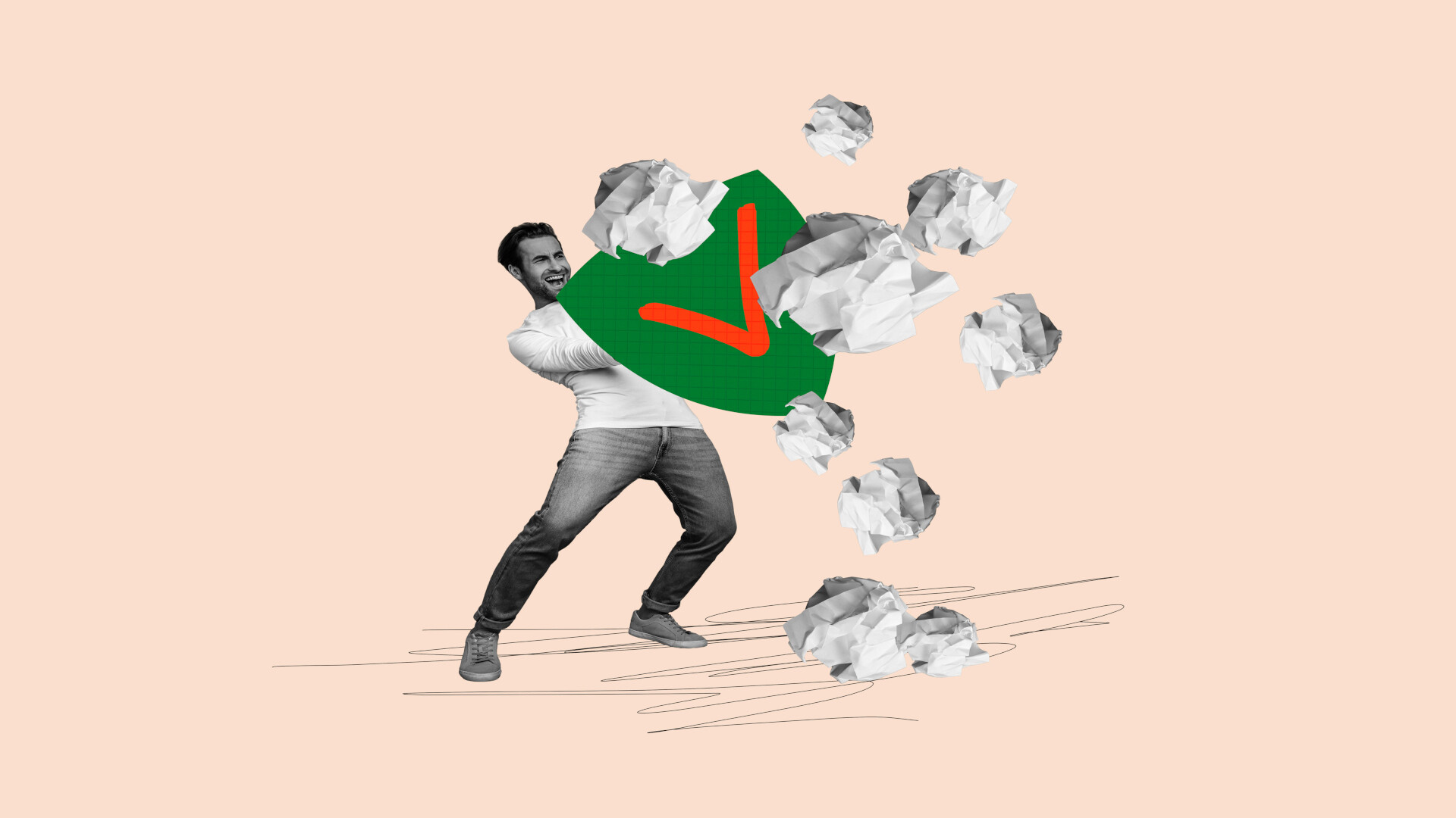 A young man in jeans and a white long-sleeved shirt, rendered in black and white, swings a large green shield emblazoned with a bright red checkmark, batting away a flurry of crumpled paper balls against a soft peach background – a metaphor for using tests as an active defence that knocks out security weaknesses before they can reach production.