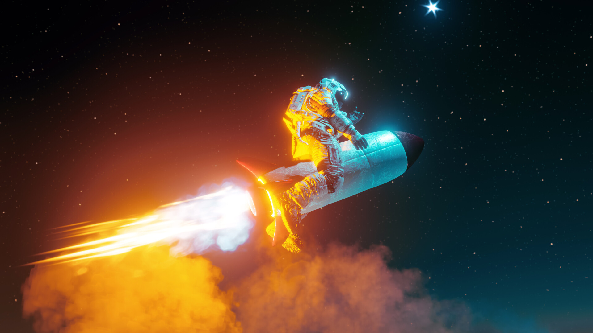 An astronaut in a detailed white spacesuit rides a small cyan-glowing rocket through deep, star-speckled space, leaning forward as a brilliant orange flame and a billowing trail of glowing exhaust streak out behind, with a single bright star shining in the upper right: a metaphor for taking a sluggish test suite and propelling it to blazing speed.