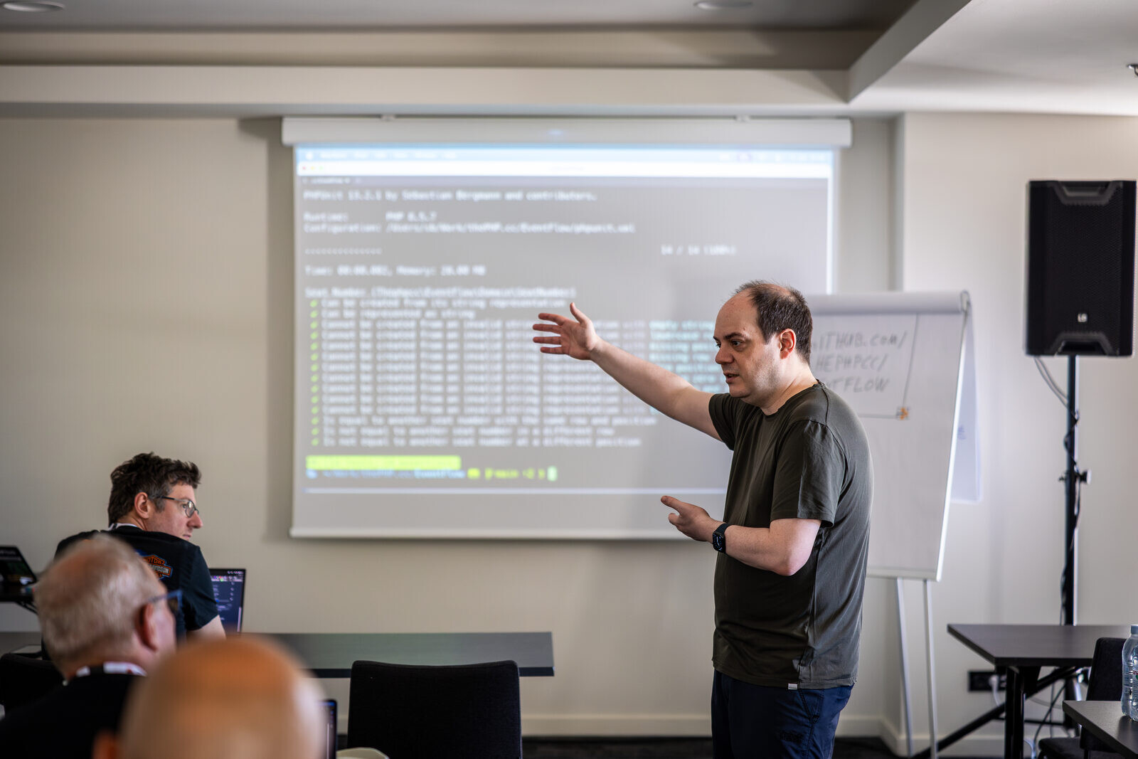 Sebastian Bergmann explaining the output of PHPUnit at the screen